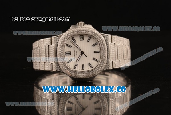 Patek Philippe Nautilus Miyota 9015 Automatic Diamonds/Steel Case with White Dial and Stick Markers (AAAF) - Click Image to Close